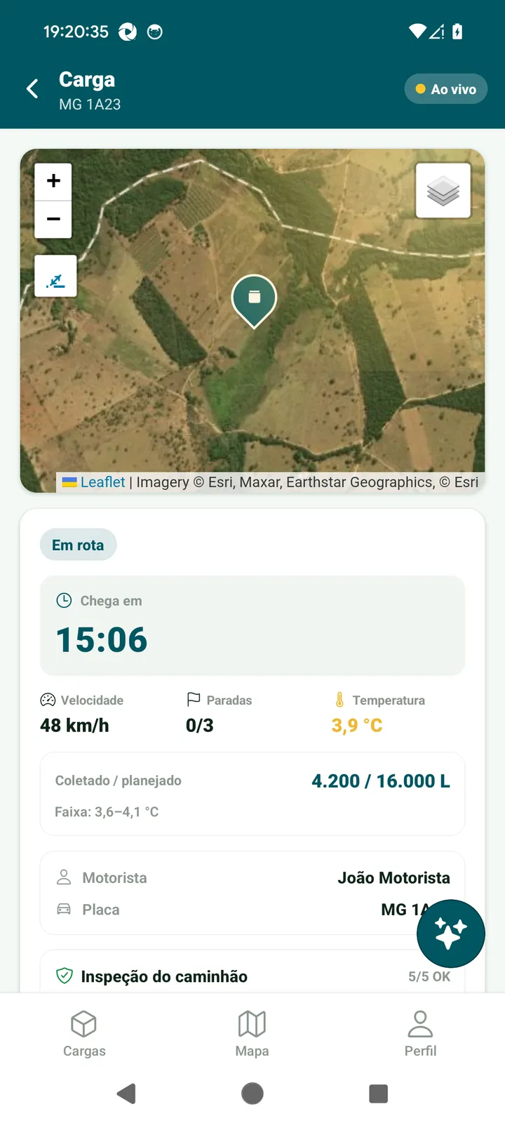 App do transportador, tela do JedIN AgroTech