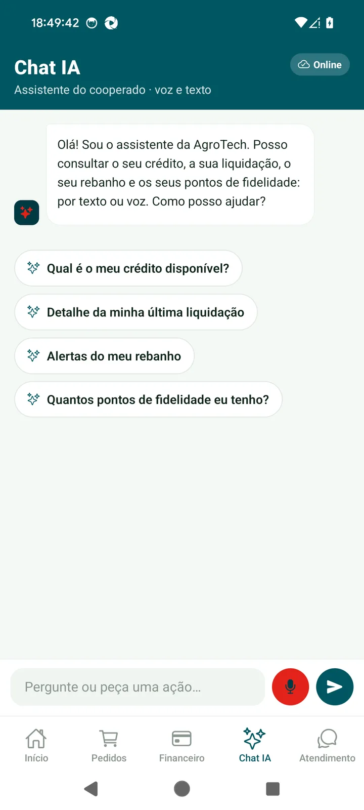Chat IA por voz e texto, tela do JedIN AgroTech