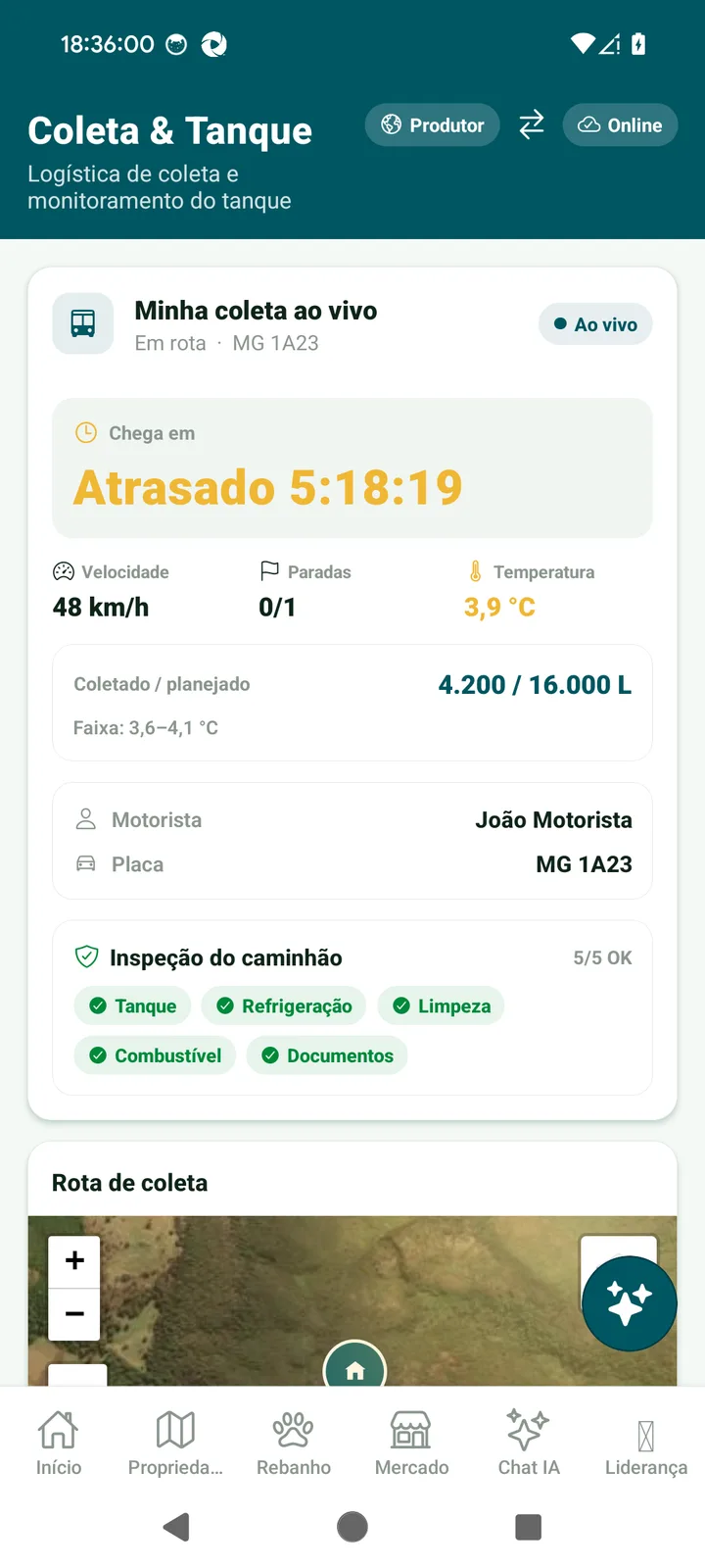 Coleta e tanque ao vivo, tela do JedIN AgroTech