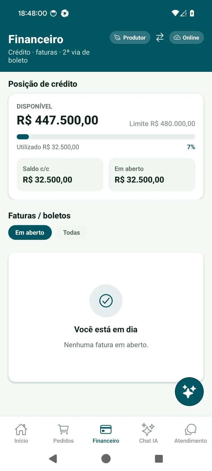 Crédito e faturas, tela do JedIN AgroTech
