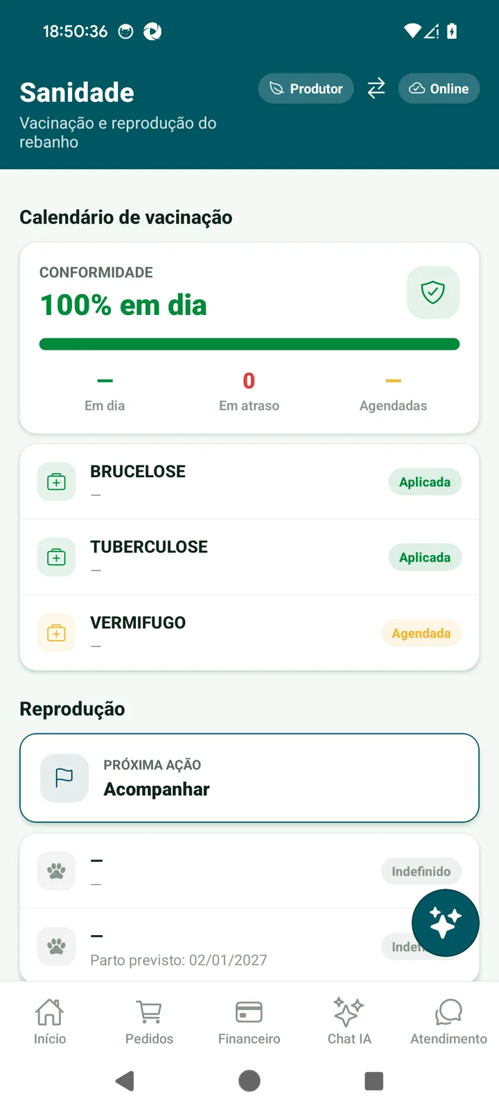 Sanidade do rebanho, tela do JedIN AgroTech