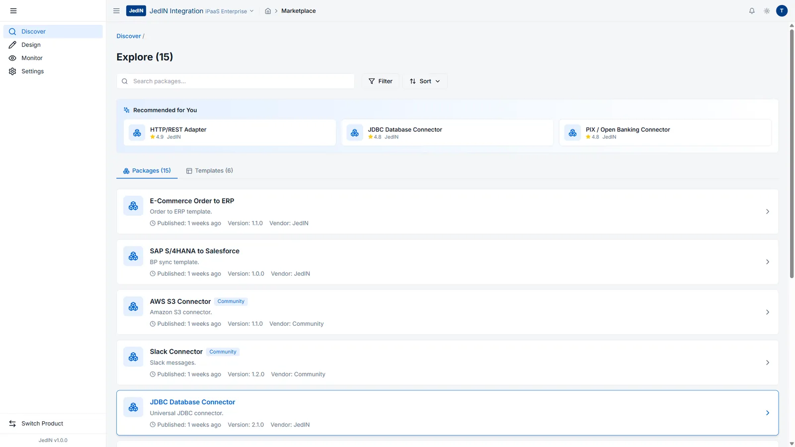 Marketplace de conectores, tela do JedIN Integration
