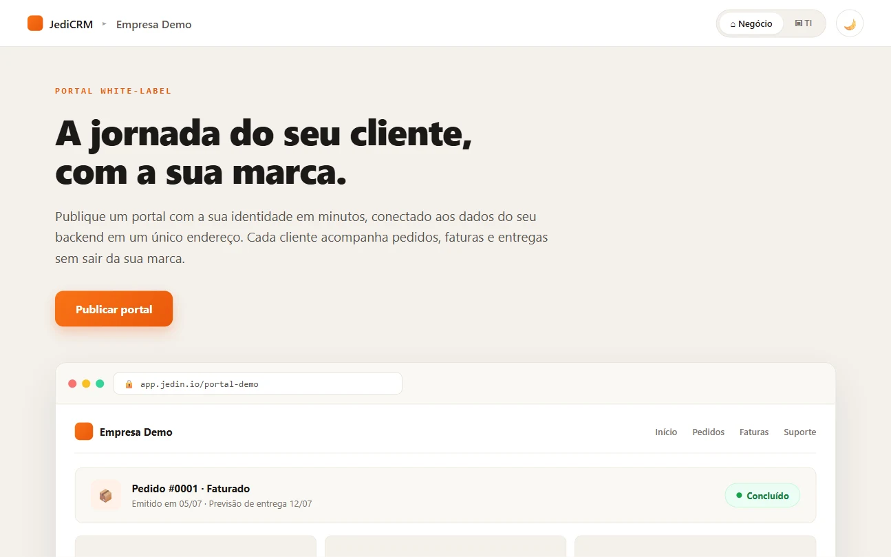 Portal white-label publicado, tela do JedIN Pages