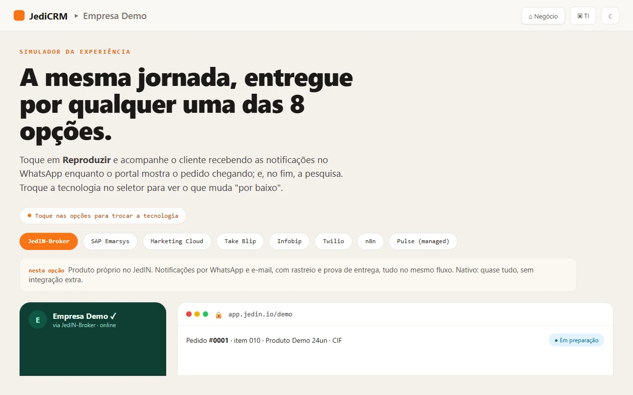 Simulador embutido no site, tela do JedIN Pages