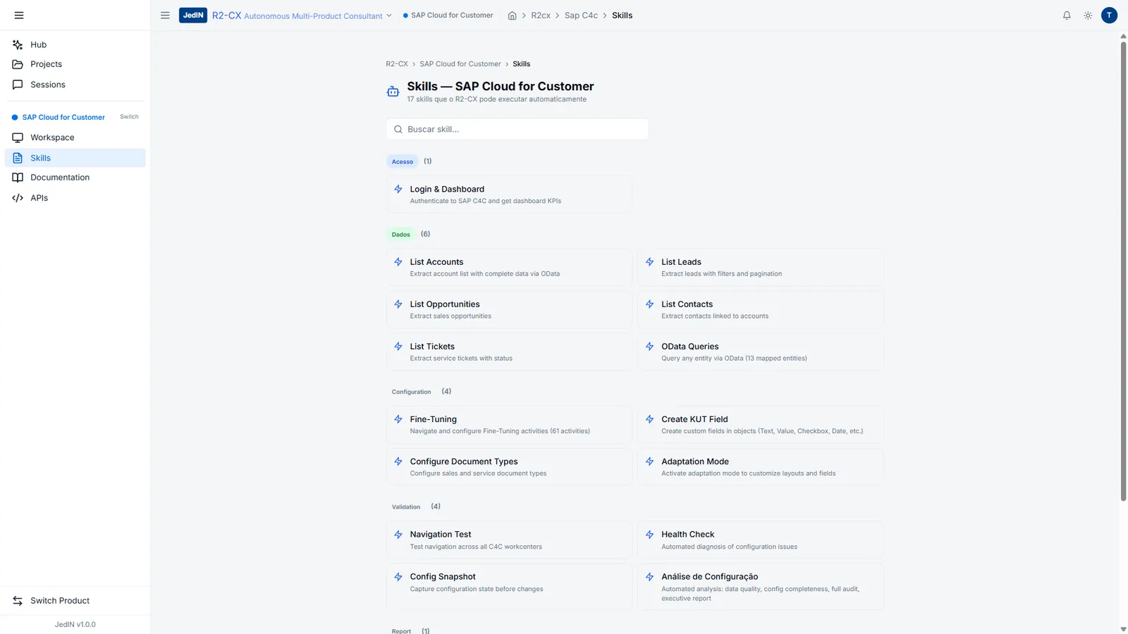 Biblioteca de skills, tela do R2-CX