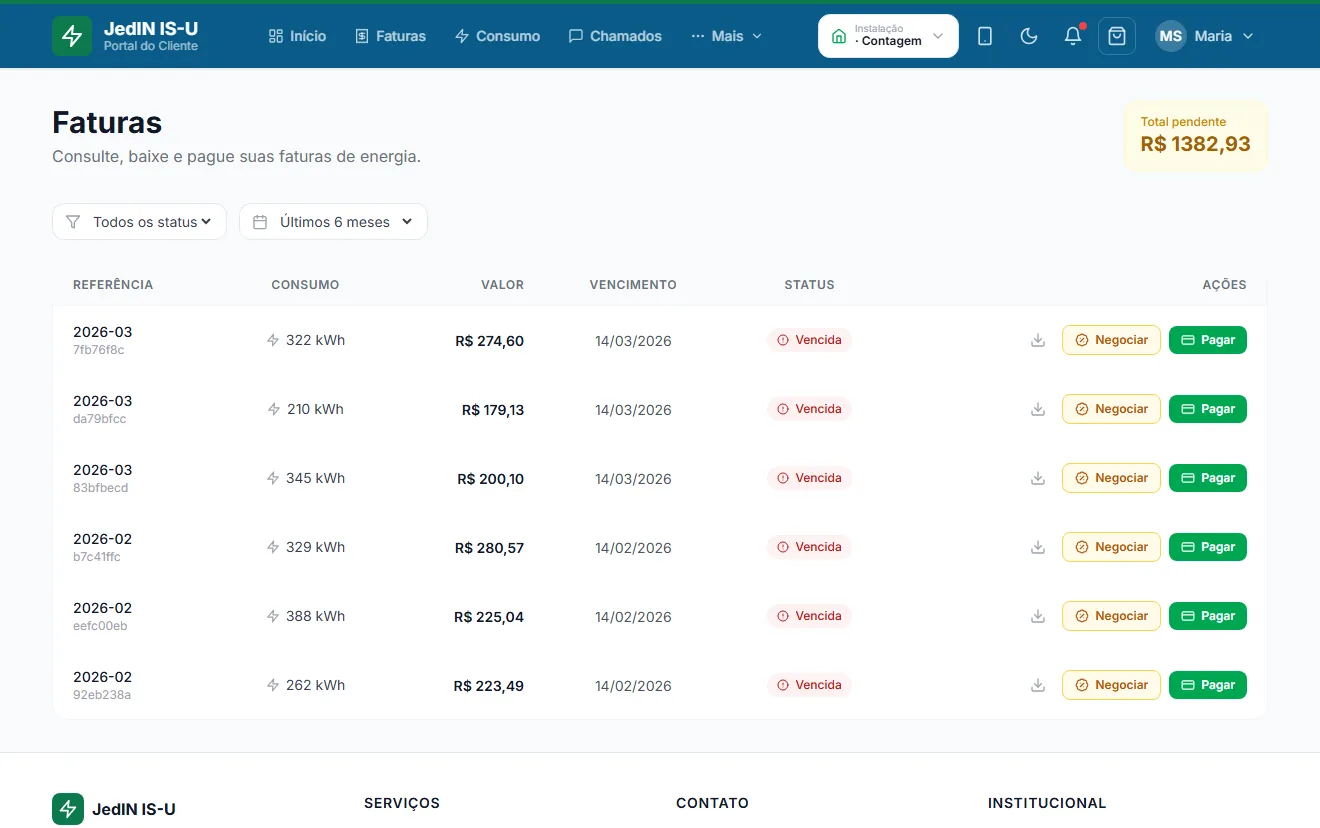 Fatura, 2ª via e PIX, tela do JedIN Utilities
