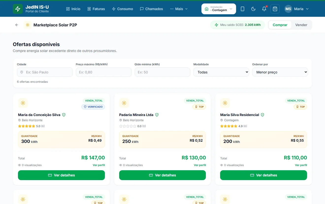 Marketplace de energia solar P2P, tela do JedIN Utilities