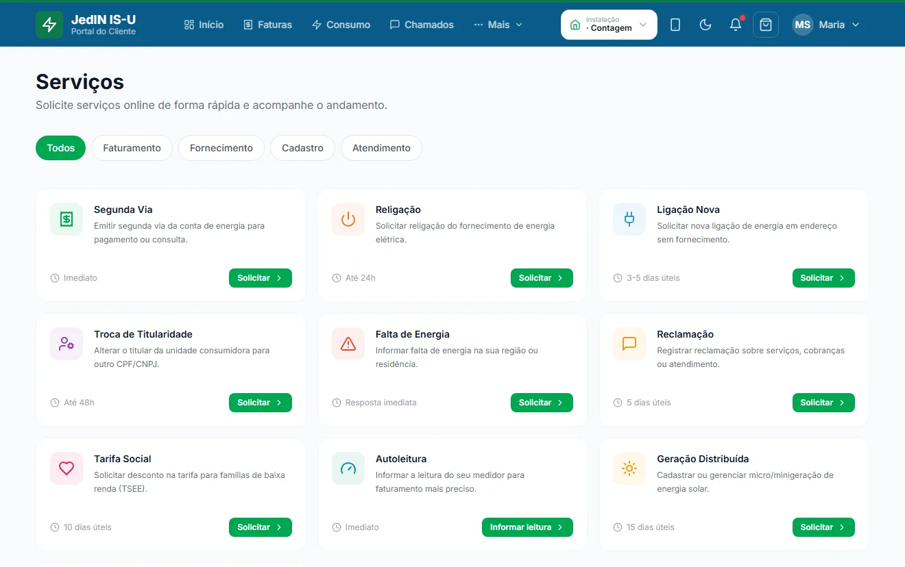 Serviços e simulador de tarifas, tela do JedIN Utilities