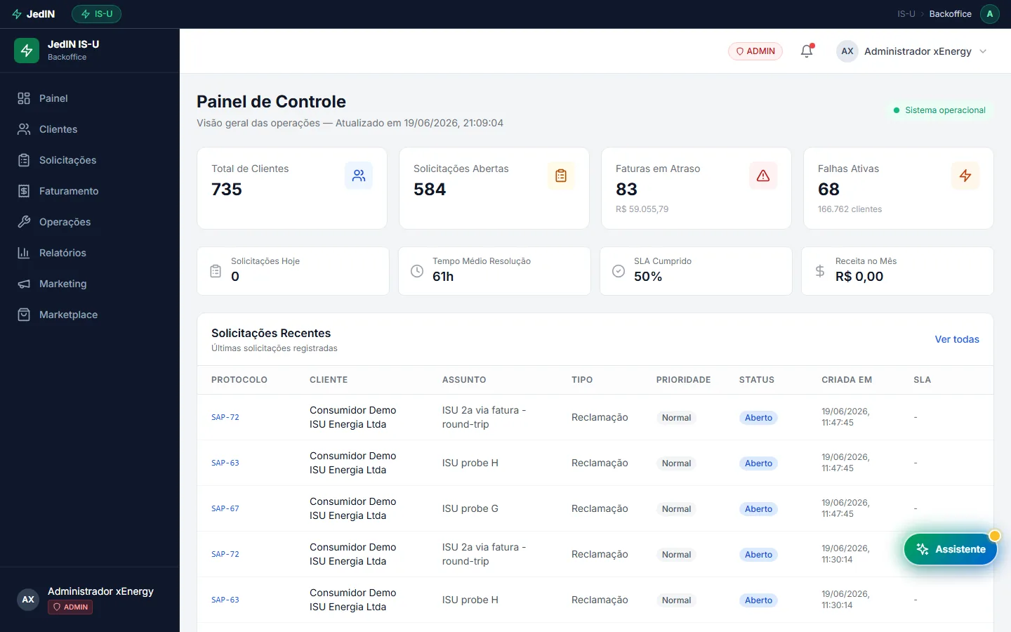 Operação e insights com IA, tela do JedIN Utilities
