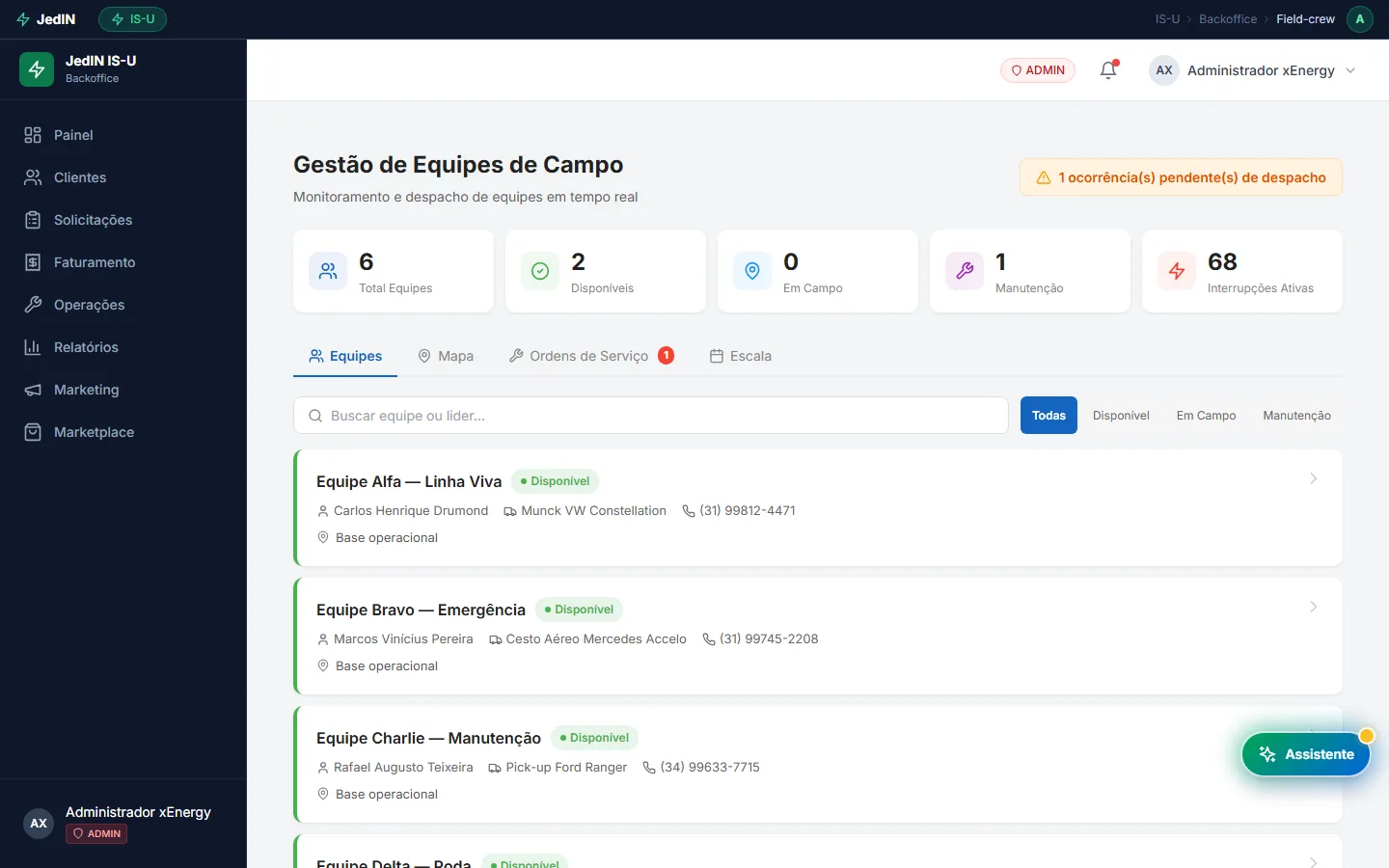 Despacho de equipes, tela do JedIN Utilities