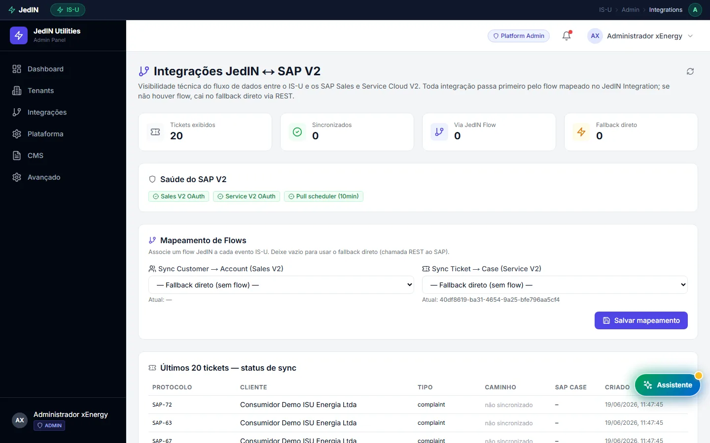 Integrações SAP e saúde do sync, tela do JedIN Utilities
